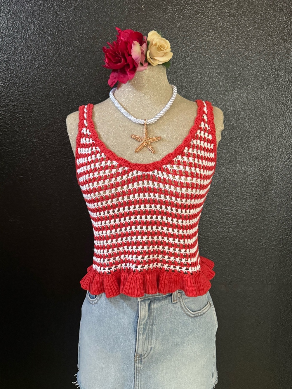 Full Tilt Red and White Crochet Ruffle-Hem Tank